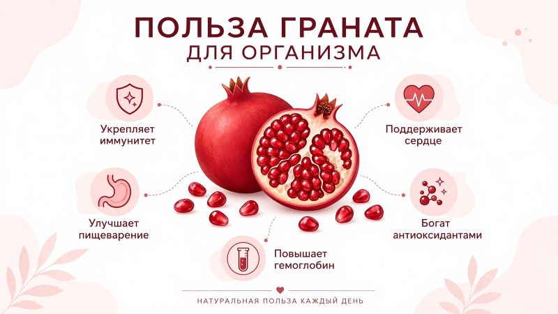 Инфографика: польза граната для организма — иммунитет, сердце, пищеварение, гемоглобин