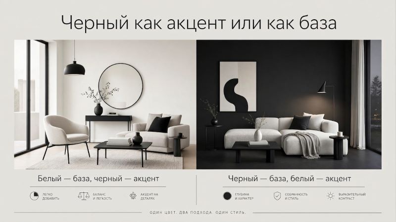 Черный цвет в интерьере: белая база и черный акцент