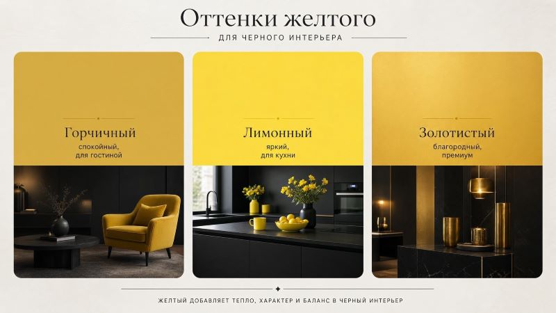 Оттенки желтого для черного интерьера: горчичный, лимонный, золотой