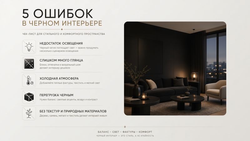 5 ошибок в черном интерьере: чек-лист для дизайна