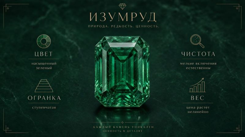 Инфографика: характеристики изумруда — цвет, огранка, чистота, вес