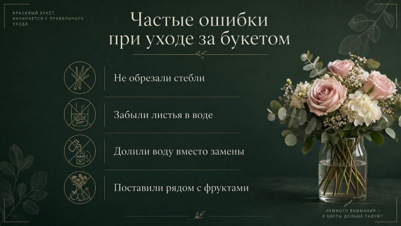 Частые ошибки при уходе за букетом — инфографика