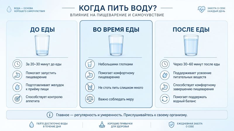 Инфографика: когда пить воду до, во время и после еды
