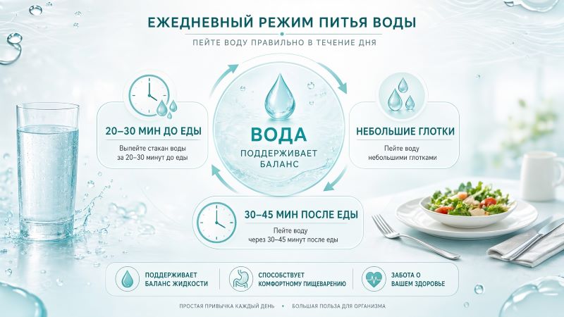 Ежедневный режим питья воды: схема до и после еды