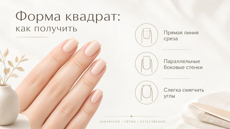Форма ногтей квадрат: схема подпиливания и пример маникюра