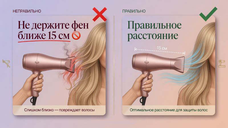Правильное расстояние фена от волос 15 см