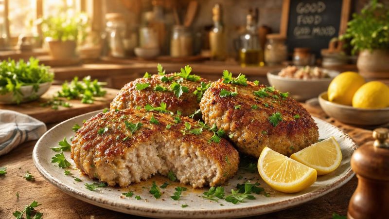 Сочные котлеты из фарша в разрезе с зеленью и дольками лимона