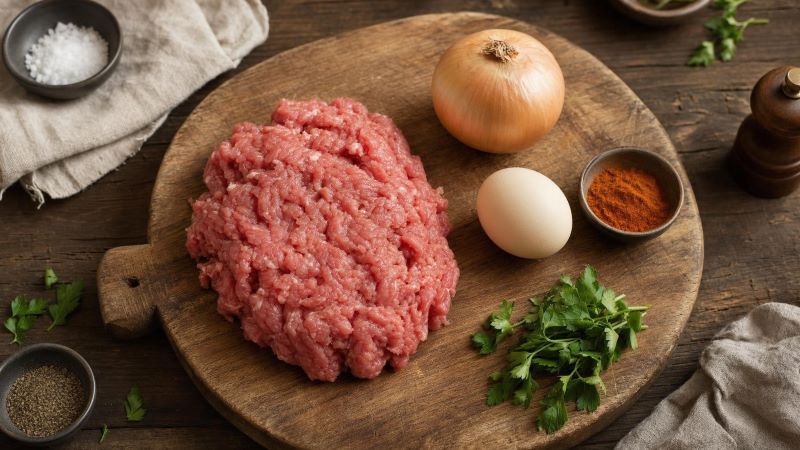 Ингредиенты для сочных котлет из фарша: мясо, лук, яйцо и специи