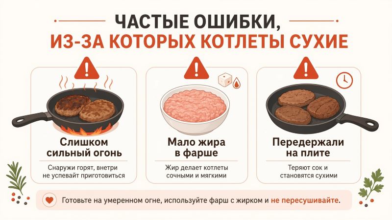 Частые ошибки, из-за которых котлеты получаются сухими: инфографика