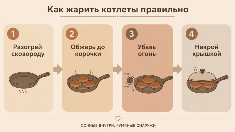 Пошаговая инструкция как правильно жарить котлеты в 4 шага