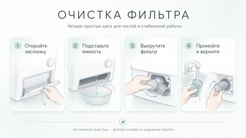 Инфографика: 4 шага очистки сливного фильтра стиральной машины