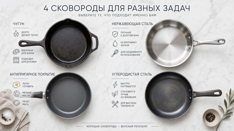 Сравнение 4 видов сковород: чугун, сталь, антипригар, углерод