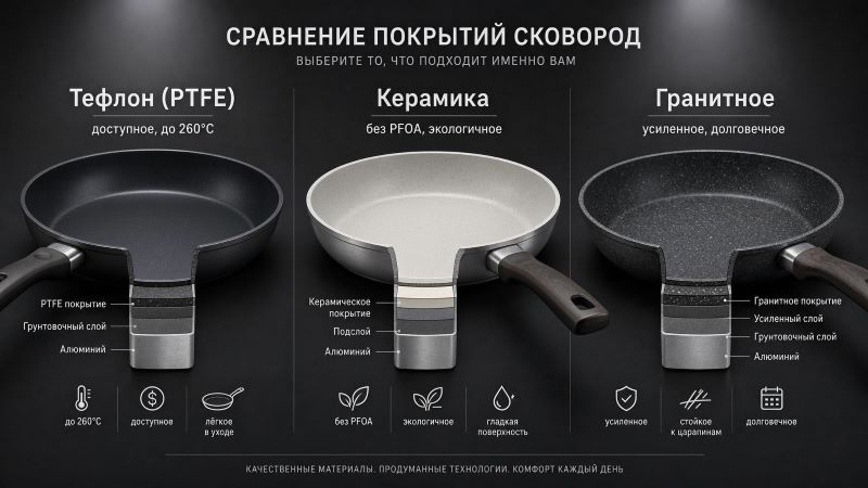 Сравнение покрытий сковород: тефлон, керамика, гранит