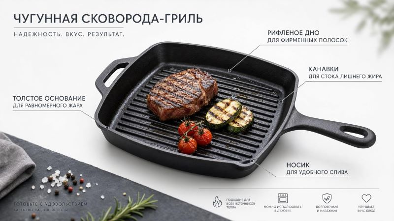 Чугунная сковорода-гриль: рифленое дно и канавки для жира