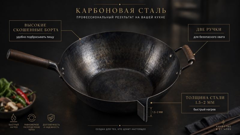 Вок из карбоновой стали: высокие борта и две ручки