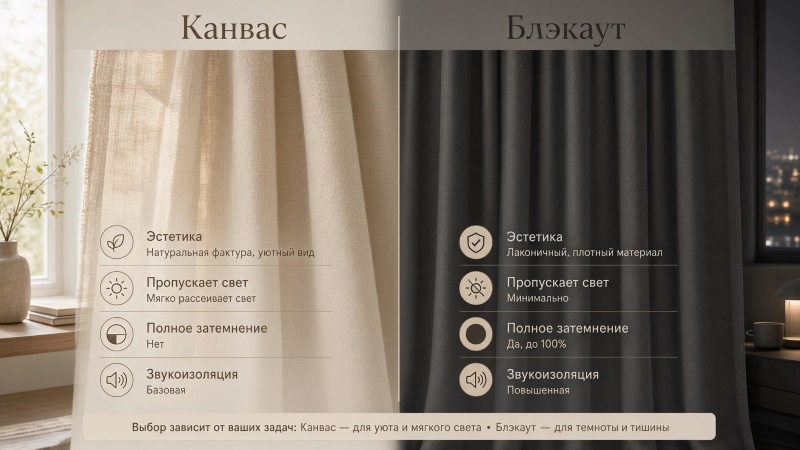 Сравнение штор из канваса и блэкаут: разница в светопропускании и шумоизоляции
