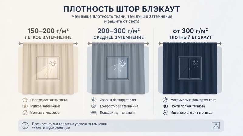 Таблица плотности штор блэкаут: 150-200, 200-300 и от 300 г/м²