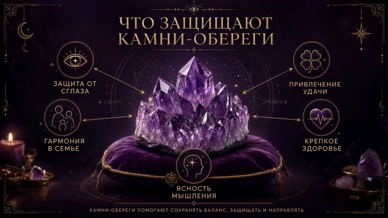 Инфографика: что защищают камни-обереги, свойства аметиста и талисманы для привлечения удачи