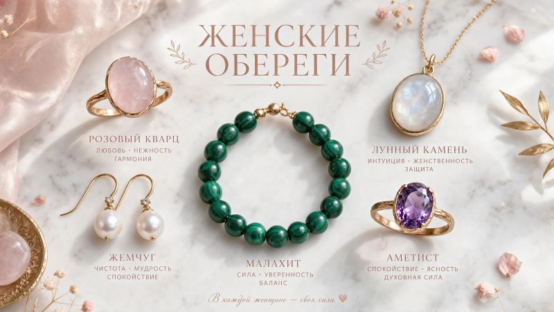 Женские камни-обереги: розовый кварц, малахит, жемчуг, лунный камень и аметист