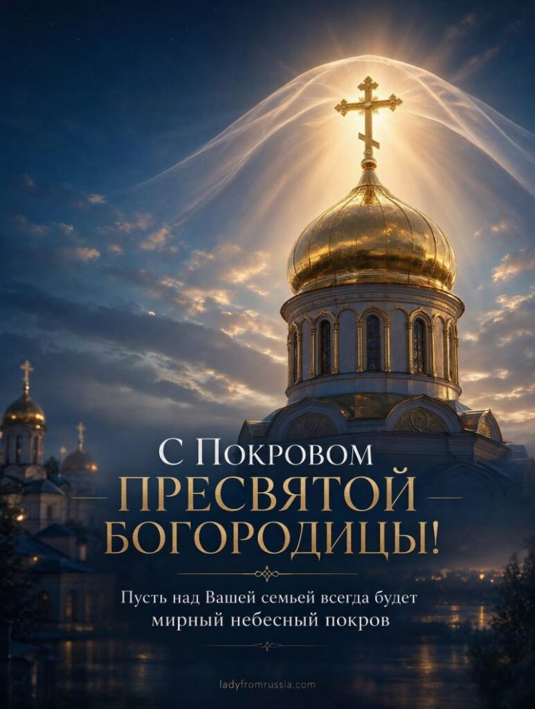 С Покровом Пресвятой Богородицы: храм, купол и покров с неба