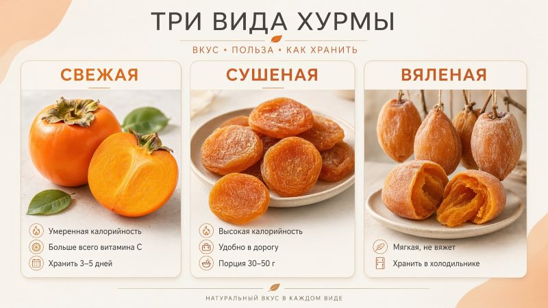 Три вида хурмы: свежая, сушёная и вяленая
