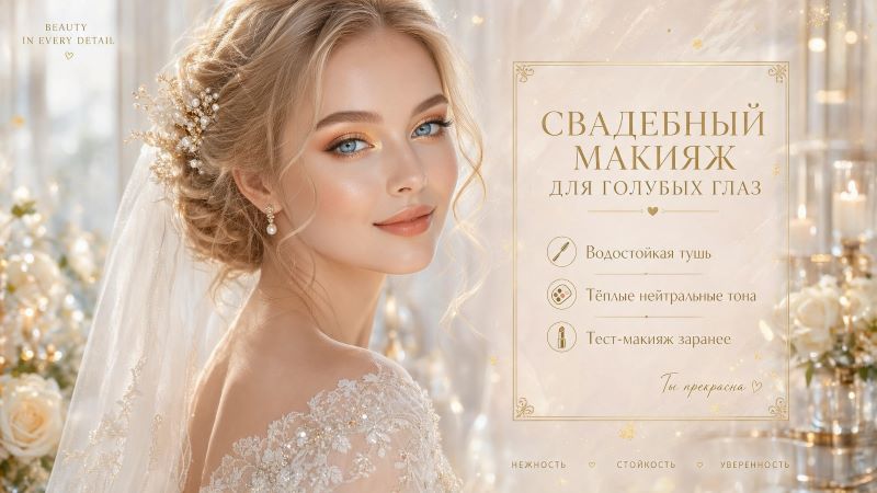 Свадебный макияж для голубых глаз с теплыми нейтральными тонами