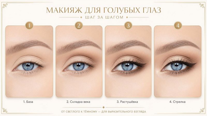 Пошаговый макияж для голубых глаз: база, складка, стрелка