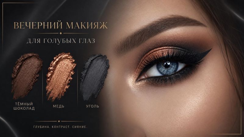 Вечерний макияж для голубых глаз: темный шоколад, медь, уголь