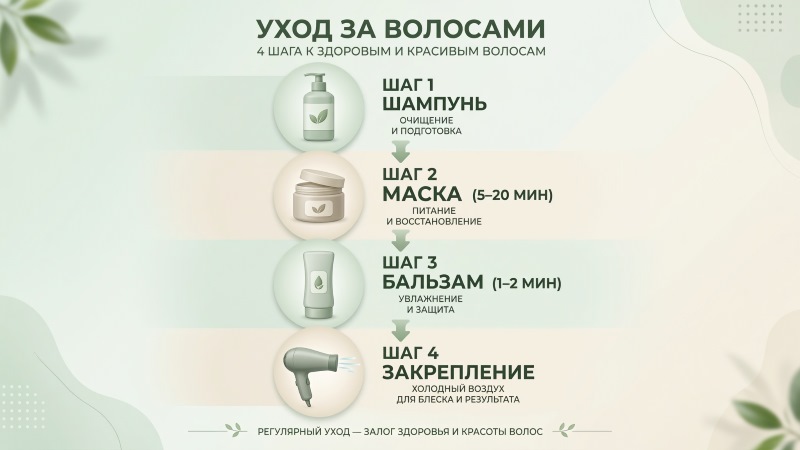 Схема правильного ухода за волосами из 4 шагов: шампунь, маска, бальзам, фен