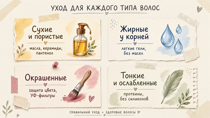 Инфографика по уходу за разными типами волос: сухие, жирные, окрашенные, тонкие