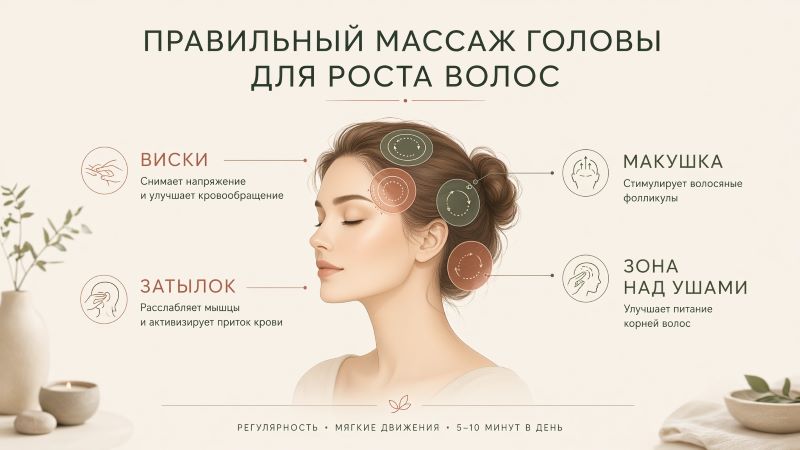 Зоны массажа головы для роста волос: виски, макушка, затылок