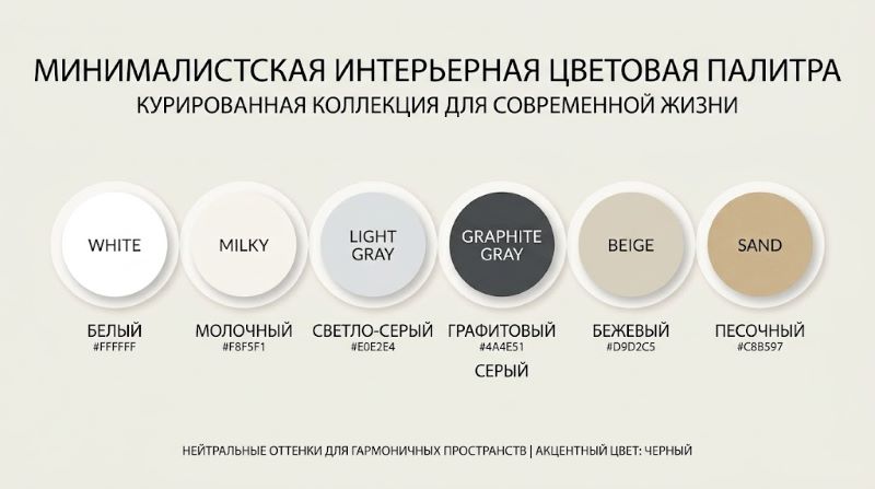Минималистичная цветовая палитра для интерьера с HEX-кодами: белый, серый, бежевый