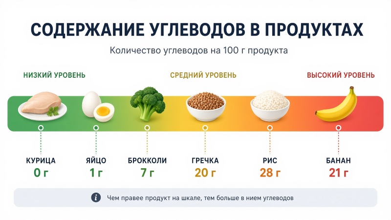 Содержание углеводов в продуктах на 100 г: инфографика для низкоуглеводной диеты