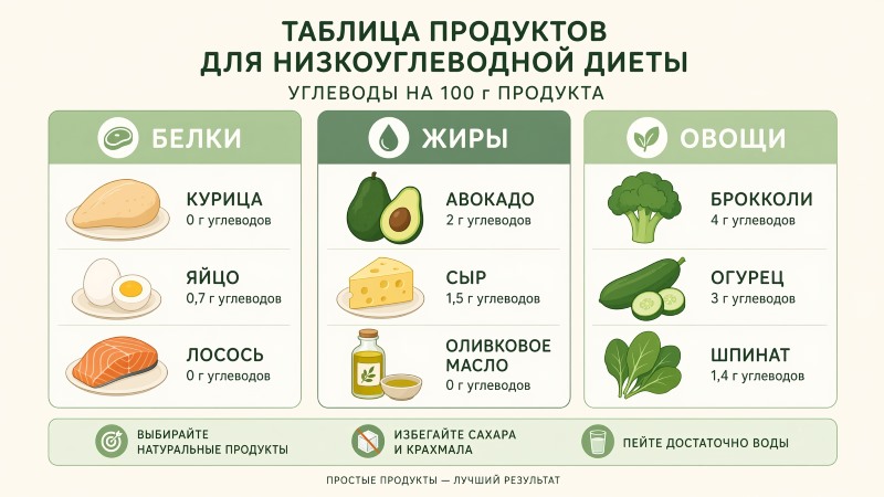 Таблица продуктов для низкоуглеводной диеты: белки, жиры и овощи с содержанием углеводов