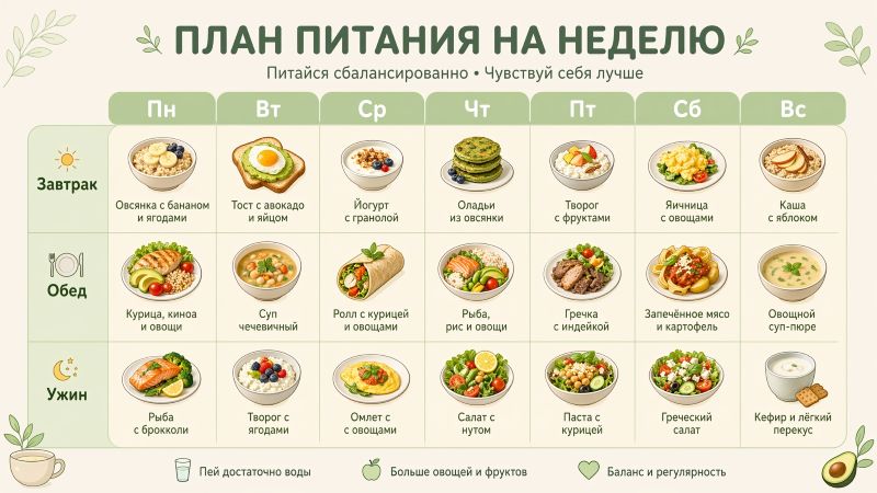 План сбалансированного питания на неделю: меню завтраков, обедов и ужинов по дням