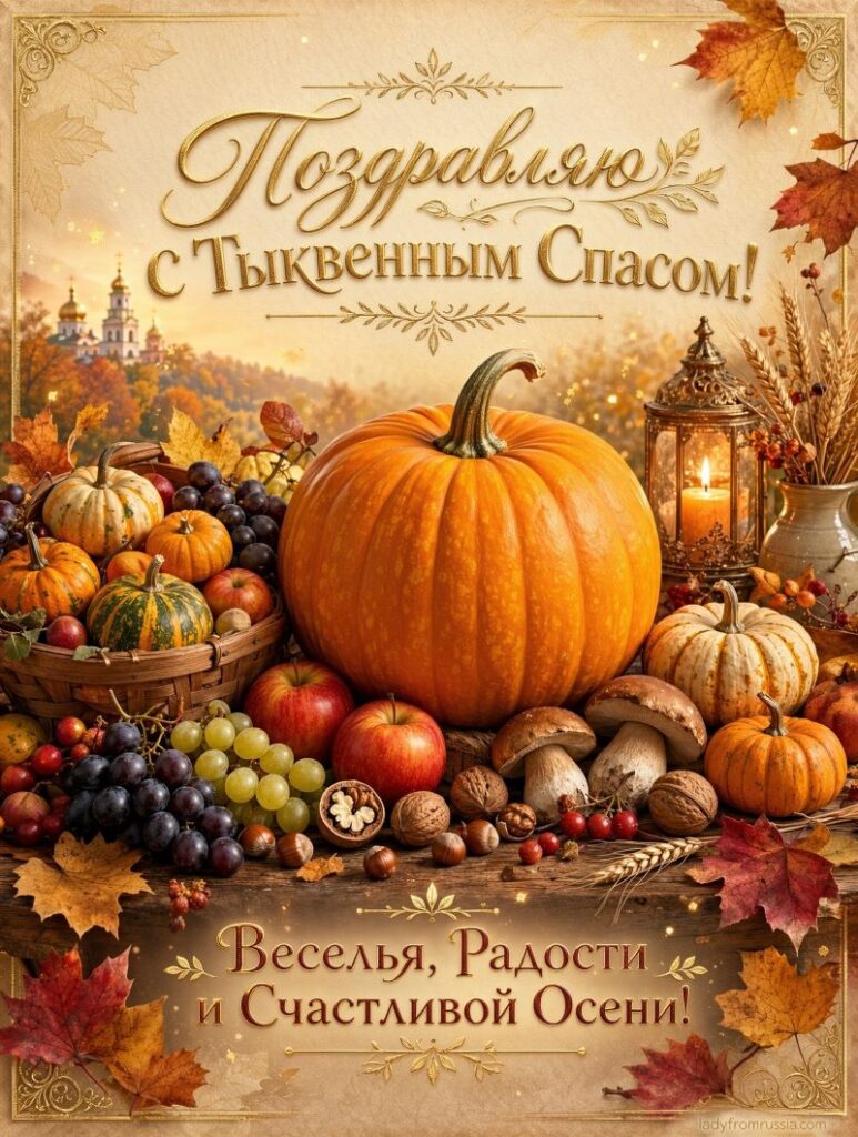 Открытка с Тыквенным Спасом: урожай, тыква и свеча