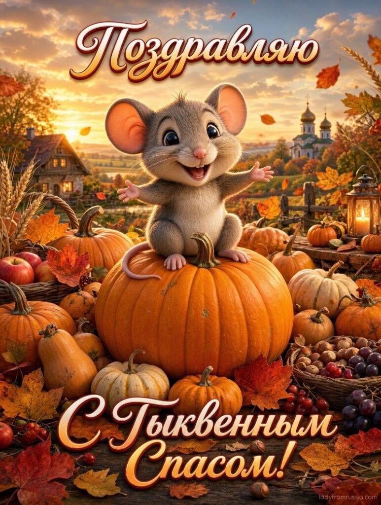 Открытка с Тыквенным Спасом: мышонок на тыкве