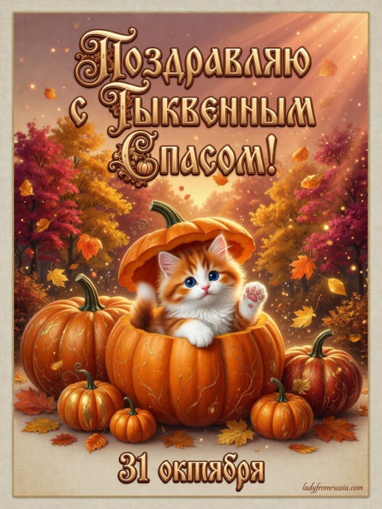 Открытка с Тыквенным Спасом: котенок в тыкве