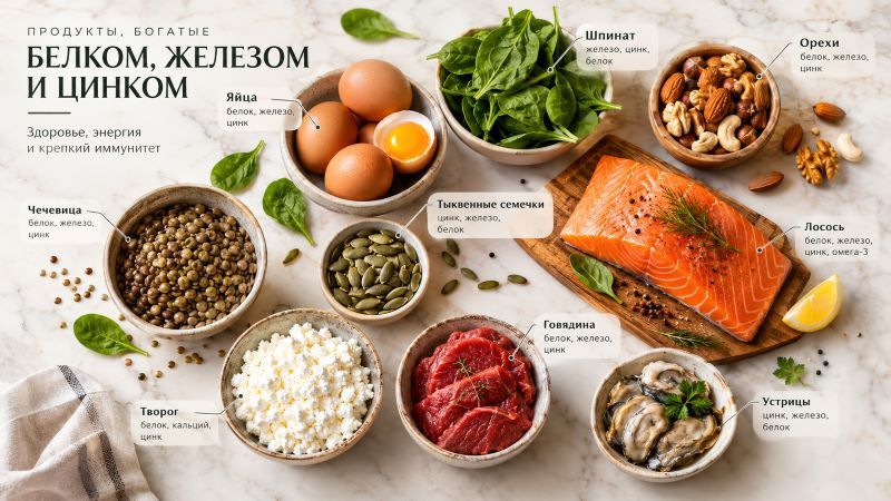 Продукты с белком, железом и цинком для роста волос