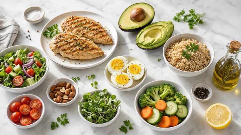 Продукты для подсчета КБЖУ: курица, яйца, авокадо и овощи на столе