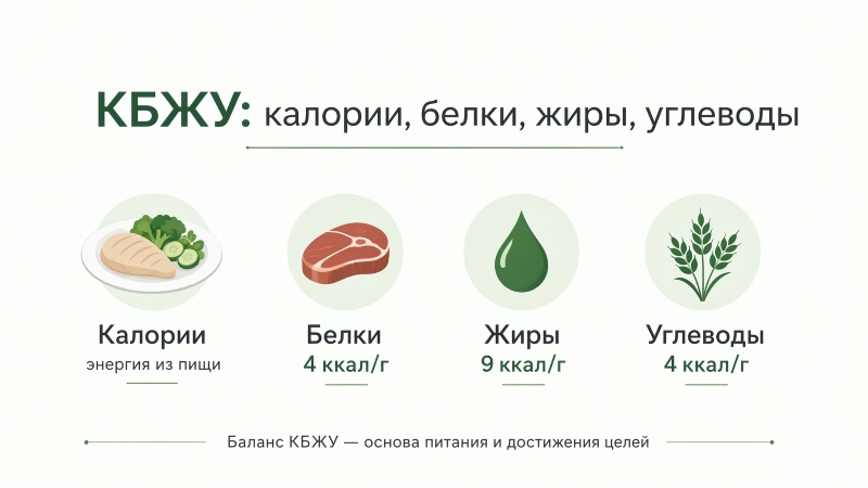 Инфографика КБЖУ: калории, белки, жиры и углеводы с нормой ккал на грамм