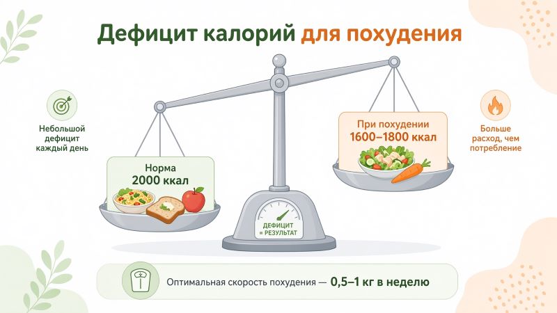 Инфографика дефицита калорий: весы, норма 2000 ккал и 1600-1800 ккал для похудения