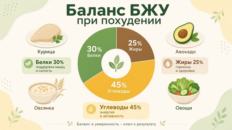 Схема баланса БЖУ при похудении: белки 30%, жиры 25%, углеводы 45%