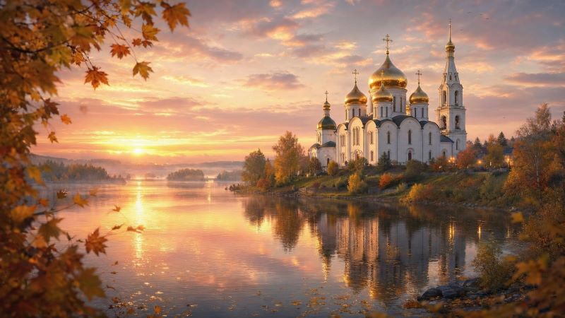 Золотые купола храма на берегу реки в лучах заката, Покров Богородицы