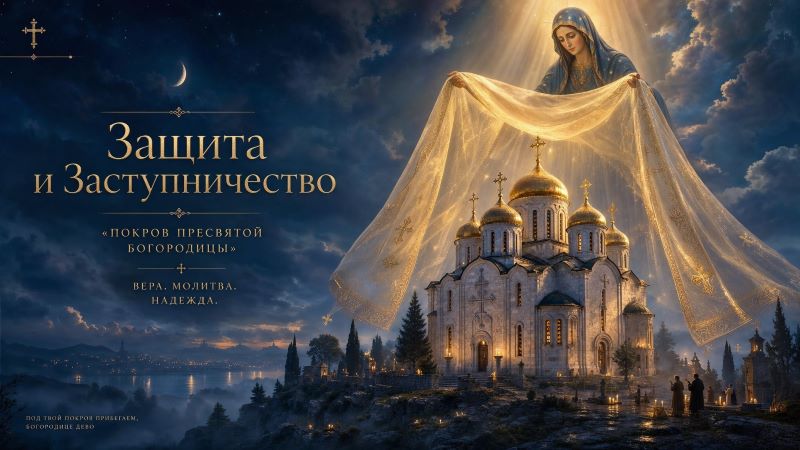 Покров Пресвятой Богородицы: Богородица над храмом, открытка