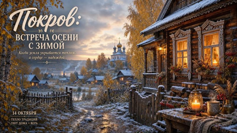 Покров 14 октября: осенняя деревня, изба и храм в снегу