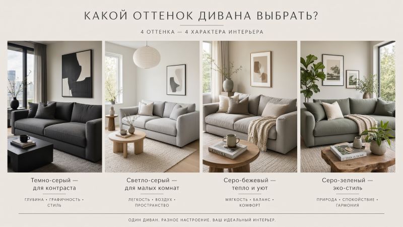 Серый диван в интерьере: 4 оттенка и варианта стиля