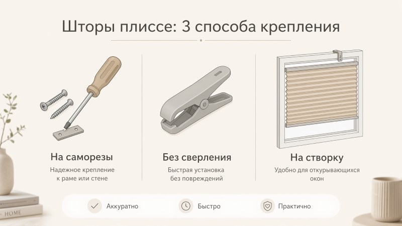 Инфографика: три способа крепления штор плиссе — на саморезы, без сверления и на створку