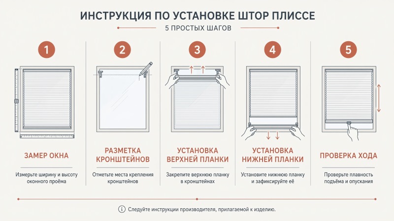 Пошаговая инфографика: 5 шагов установки штор плиссе от замера окна до проверки хода.