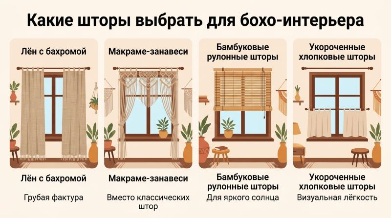 4 варианта штор в стиле бохо: лен, макраме, бамбук и хлопок